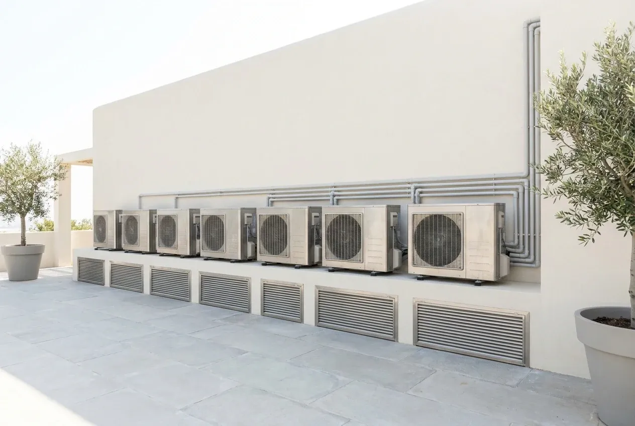 Air conditioning condenser units installed in precise alignment on a white villa terrace