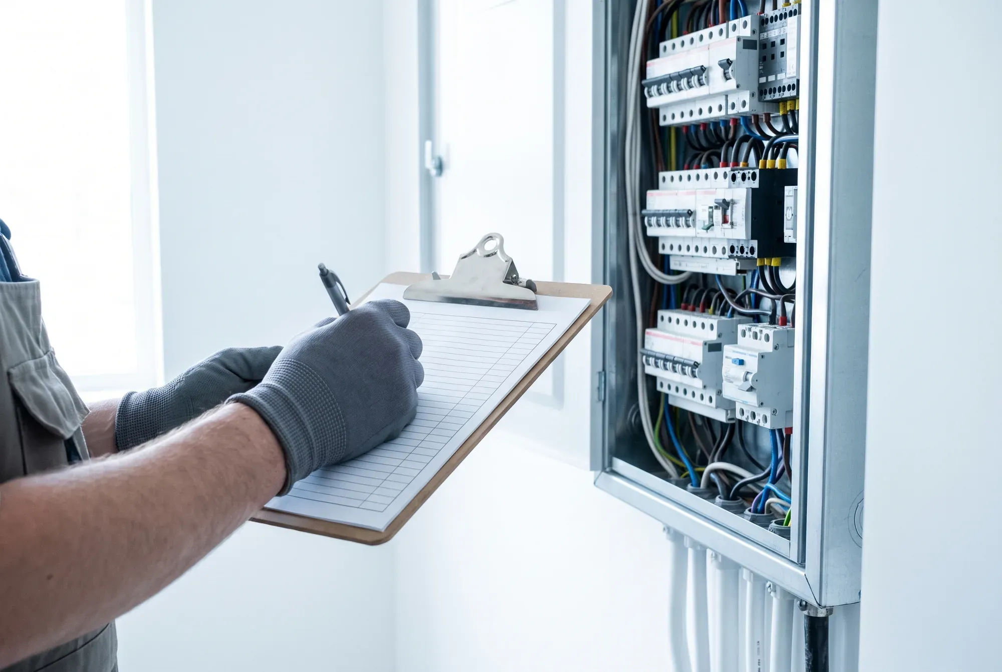 Technician's gloved hands filling in a paper job sheet beside an open distribution board