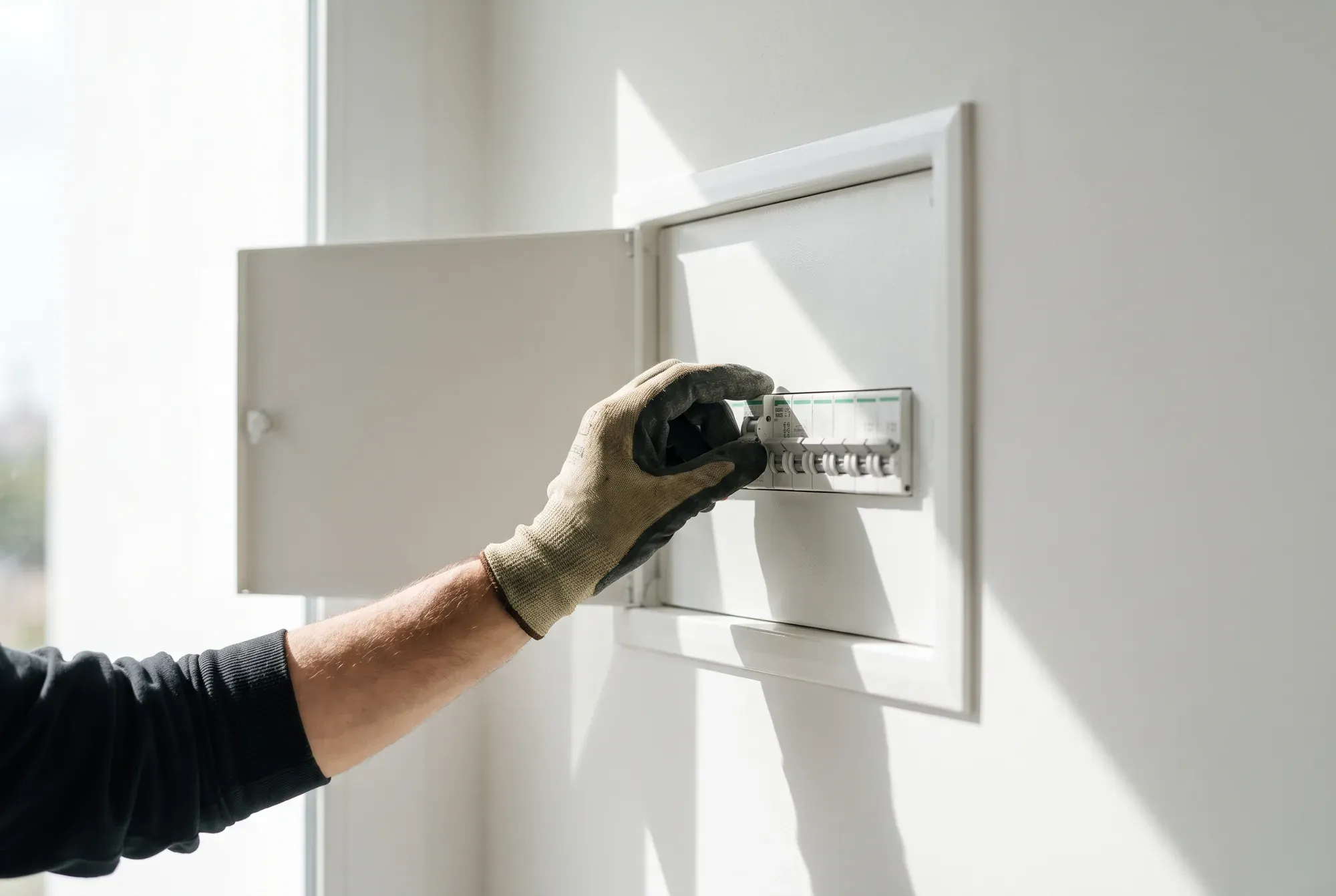 Gloved hand resetting a tripped circuit breaker in a wall-mounted consumer unit